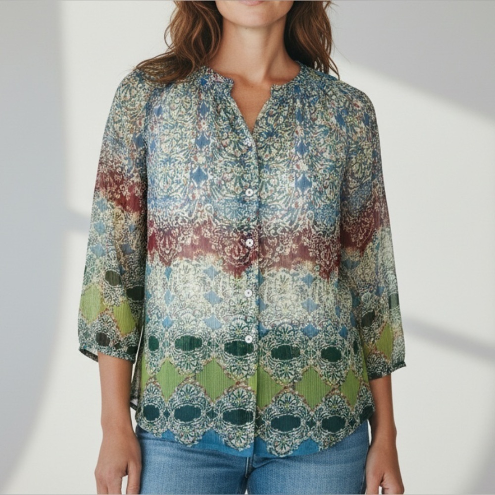 SUNDANCE GREEN BURGUNDY BLUE BOHO SEMI SHEER SILK BLOUSE WOMENS XS